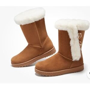Womens Faux Suede Mid Calf Winter Boots Chestnut Brown Faux Fur Trim Buttons